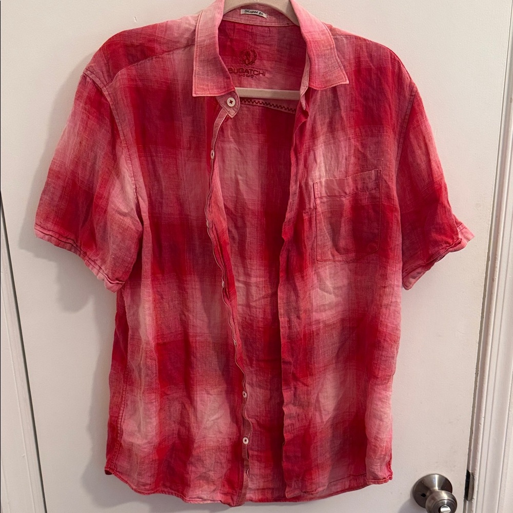 100% Linen Men's Large Red Plaid Short-Sleeve Button-Up Shirt